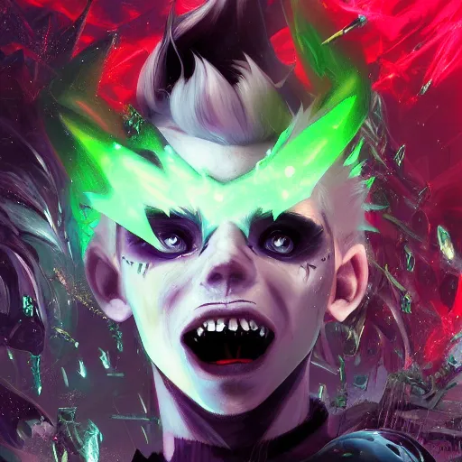 Image similar to Young Danny phantom with glowing green eyes and sharp teeth pointed fangs alt art fashion punk, art by WLOP and Charlie Bowater and WLOP and Mark Arian and Ross Tran + neon colors, symmetry,A digital matte intricate illustration concept art , intricate complexity, epic composition, magical atmosphere, highly detailed, cinematic lighting + masterpiece, trending on artstation + 8k