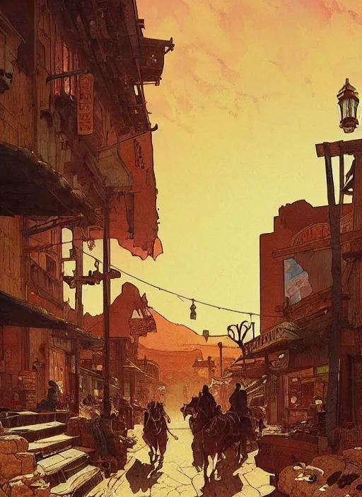 Prompt: beautiful commission of a desert western town. Atmospheric. Renowned scene illustration by greg rutkowski, thomas kindkade, alphonse mucha, loish, norman rockwell. detailed, inked, western comic book art