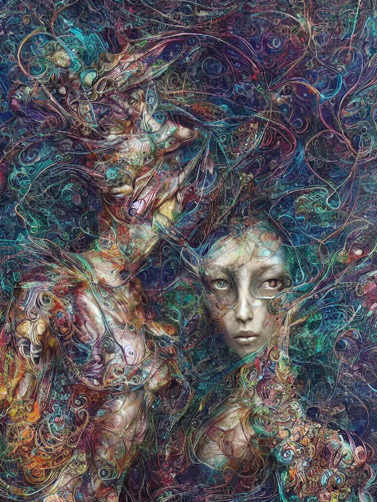 Image similar to a sculpture of an intricate visionary depiction of a realistic beautiful enlightened female transcending beyond the physical boundaries of space and time by android jones and amanda sage