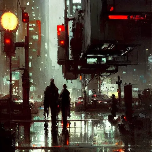 Image similar to cyberpunk cityscape, downtown scene, beautiful details, painting by jeremy mann