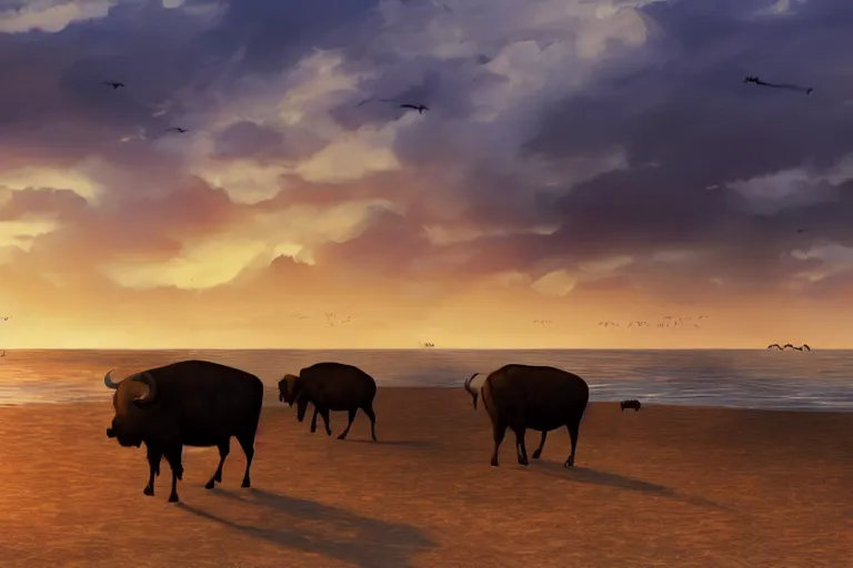 Prompt: concept art, of buffaloes on a beach, sunset, 30mm, canon, very hot, crowded, artstation