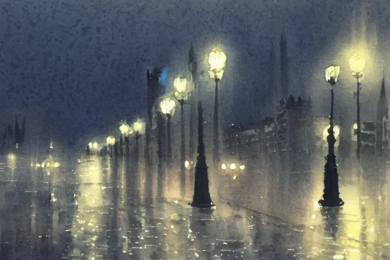 Image similar to a watercolour of rainy night at London ,blue and grey theme by Josepth zbukvic