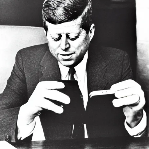 Image similar to 1 9 7 0 s vintage photograph of john f kennedy using an ipad, very detailed, very intricate, photorealistic,