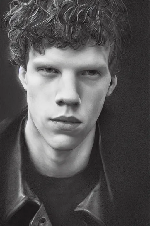 Image similar to Jesse eisenberg as a young man, shaved head, punk, tattered leather coat, intricate, elegant, dramatic lighting, highly detailed, lifelike, photorealistic, digital painting, artstation, illustration, concept art, smooth, sharp focus, art by John Collier and Albert Aublet and Krenz Cushart and Artem Demura and Alphonse Mucha