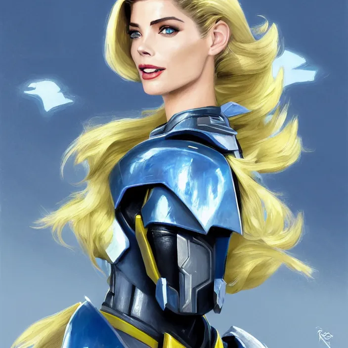 Image similar to A combination of Adriana Dxim's and Grace Kelly's and Ashley Greene's appearances with blonde hair wearing Interceptor's armor from Anthem, countryside, calm, fantasy character portrait, dynamic pose, above view, sunny day, thunder clouds in the sky, artwork by Jeremy Lipkin and Giuseppe Dangelico Pino and Michael Garmash and Rob Rey and Greg Manchess and Huang Guangjian, very coherent asymmetrical artwork, sharp edges, perfect face, simple form, 100mm