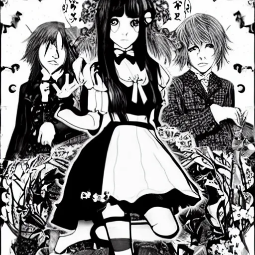 Prompt: alice in wonderland. alice is an emo manga girl. folk horror. detailed.