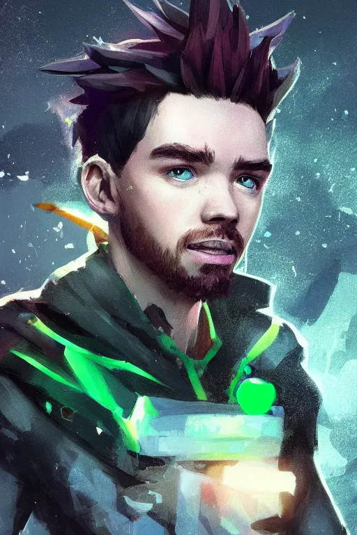 Image similar to a portrait of the YouTuber jacksepticeye in the style of league of legends by Greg Rutkowski, Sung Choi, Mitchell Mohrhauser, Maciej Kuciara, Johnson Ting, Maxim Verehin, Peter Konig, final fantasy , mythical, 8k photorealistic, cinematic lighting, HD, high details, atmospheric,