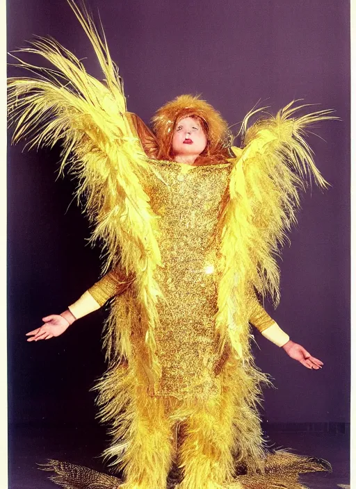 Image similar to realistic detailed photo of the sleeping person, wearing a golden leaf feathers fluffy fur carnival costume with golden sparkles. 1 9 9 0, life magazine reportage photo