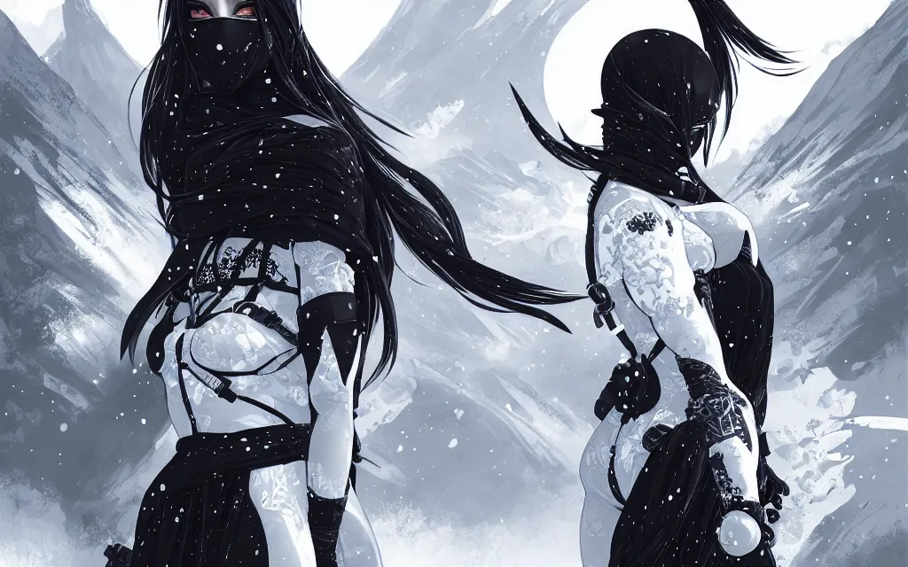 Image similar to portrait ninja gaiden girl, black plus white ninja wardrobe, at snowy fuji mountain sunrise, ssci - fi and fantasy, intricate and very very beautiful, detailed, digital painting, artstation, concept art, smooth and sharp focus, illustration, art by tian zi and wlop and alphonse mucha