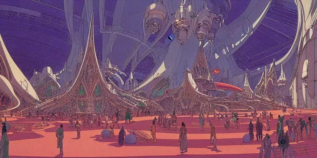 Prompt: cel shaded cinematic shot of the interior of a sci-fi space station with ornate Elven architecture bustling with people, epic castle, emerald, crystalline, detailed illustration, sharp focus, crisp lines, art by Moebius!!!, Jean Giraud Moebius!!! comic illustration