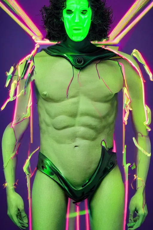 Image similar to full-body sculpture of a young handsome Spanish prince as a half cibernetic android with a glowing green diamong in his chest, pink laser beams coming out of his eyes, crown of giant jewels, flowing neon-colored silk, human skull mask, geometric shapes in a cyperbunk and baroque style. intricate artwork by caravaggio. Trending on artstation, octane render, cinematic lighting from the right, hyper realism, octane render, 8k, depth of field, 3D