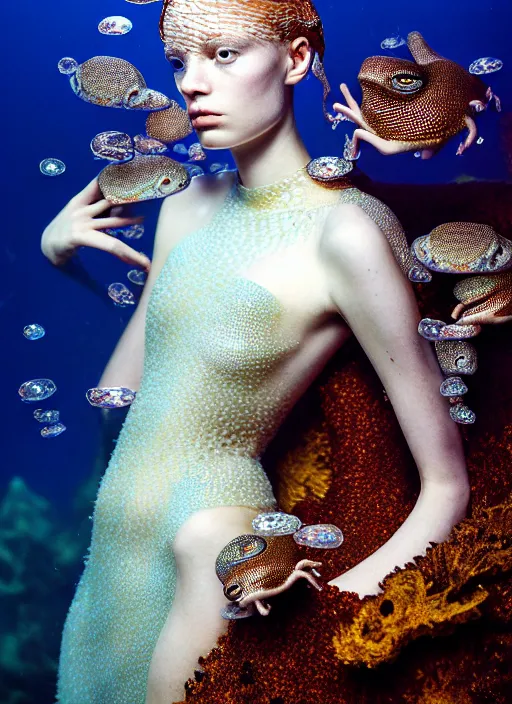 Prompt: kodak portra 4 0 0 photo portrait of a beautiful sirens floating in a crystal tank in style of tim walker, amphibian skin dress intricate detailed scales, 5 0 mm lens, f 2. 4, elegant, highly detailed, sharp focus, ethereal, out worldly colours, emotionally evoking, head in focus, soft blur light dreamy underwater, volumetric lighting, epic fantasy