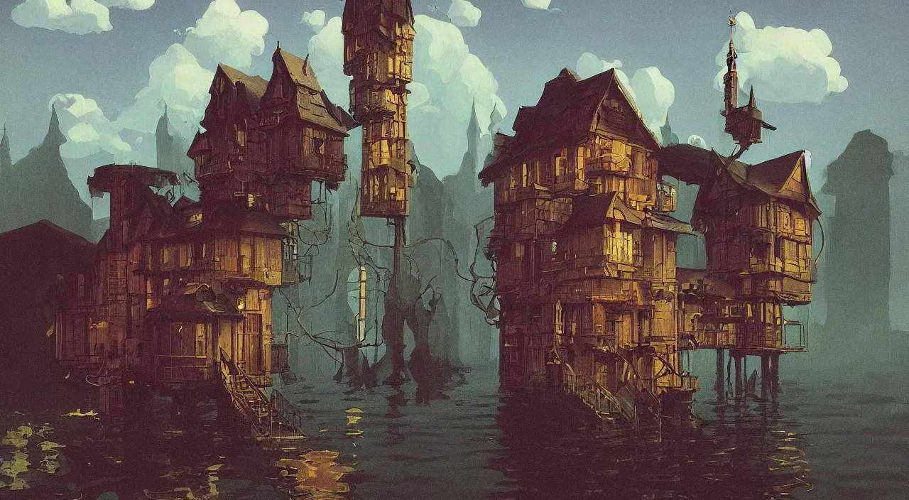 Prompt: single flooded simple wooden eldritch tower, very coherent and colorful high contrast!! masterpiece by rene magritte simon stalenhag carl spitzweg syd mead norman rockwell edward hopper james gilleard, minimalist, dark shadows, sunny day, hard lighting