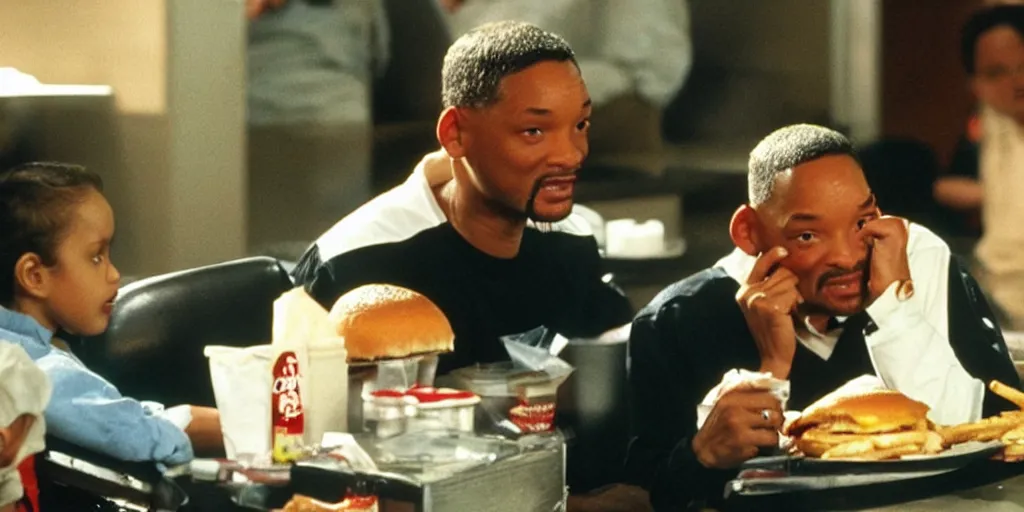 Prompt: e. t will smith sitting in a mc donald ’ s restaurant with an angry expression because he got the wrong hamburger.