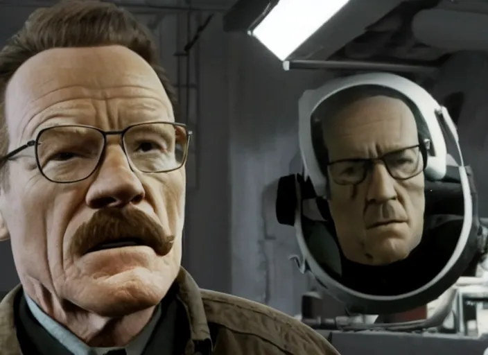 Prompt: film still of Brian Cranston as real Gordan Freeman in the Half Life Movie, 4k