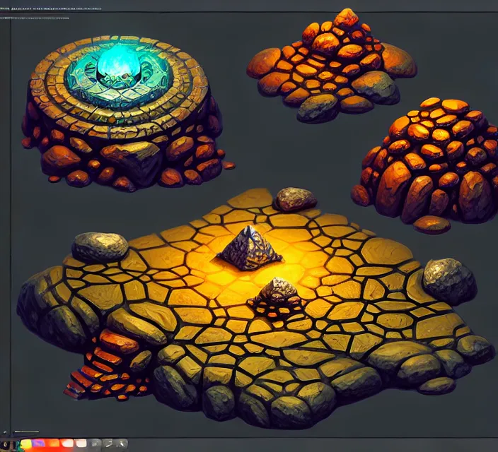 Prompt: subsurface scattering, isometric orthographic game art of athas style rocks and misc nature things, brom's amazing d & d dark sun art, digital painting by brom, vibrant, brom, intricate details, beautiful, volumetric lighting, ultrarealistic, cgsociety, artstation, by brom, 8 k, blank background