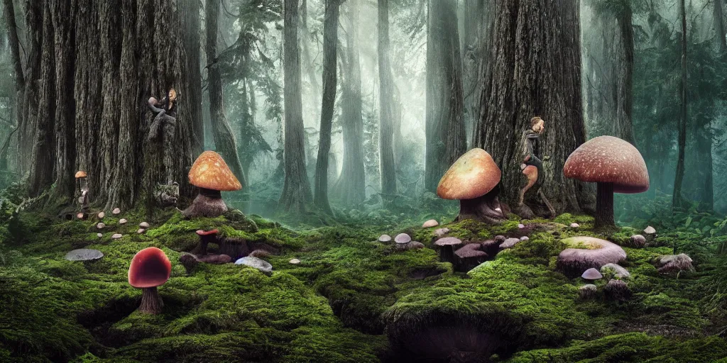 Prompt: Photo by Filip Hodas of the cinematic view of the Forest of the Giants, a troll is eating a giant mushroom, photorealism, photo taken with canon 5D