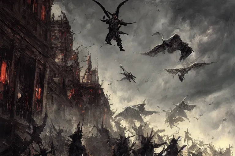 Prompt: Lucifer and his army falling from heaven, realistic, extreme detail, dark, clouds, gritty texture, Craig Mullins