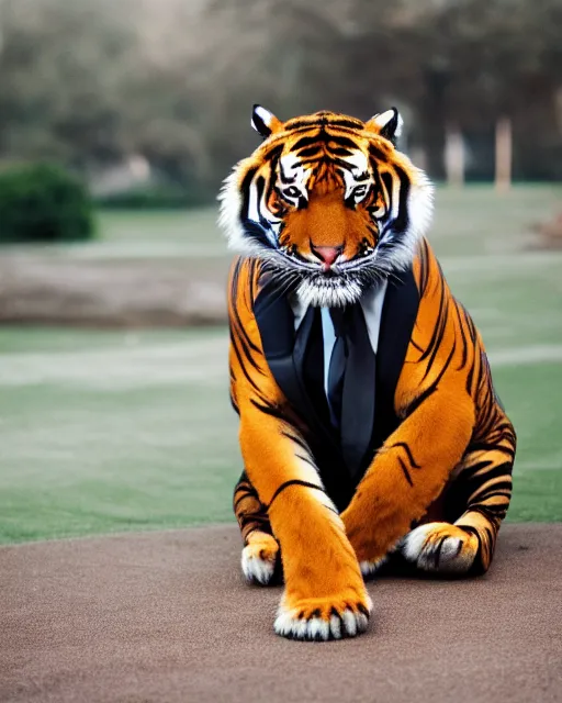 Prompt: high quality presentation photo of a tiger dressed in a dark suit and tie, photography 4k, f1.8 anamorphic, bokeh, 4k, 85mm lens