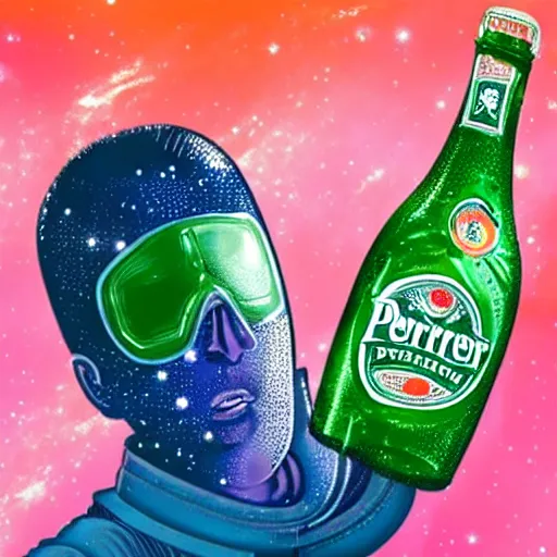 Prompt: a photo of a bottle of Perrier in space with nebula