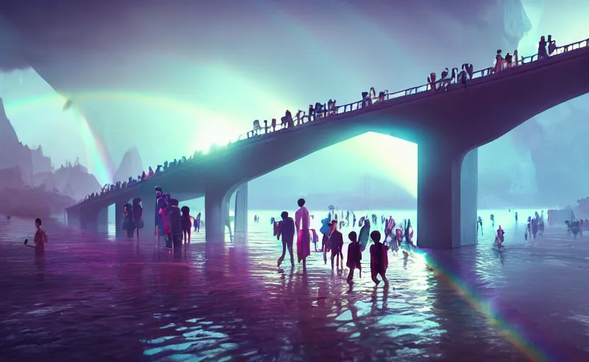 Image similar to incredible, mindblowing, refugees crossing a bridge made of rainbow, matte painting, makoto shinkai, artstation, cgsociety, dramatic lighting, concept art, octane render, arnold 3 d render