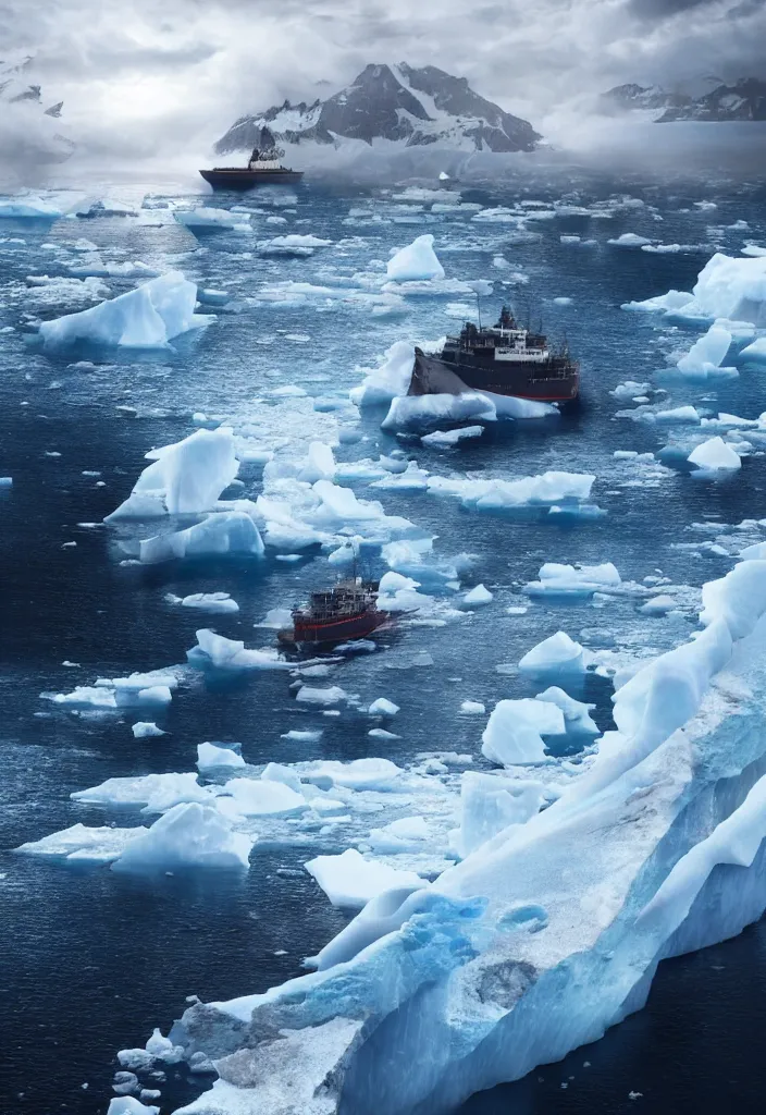 Image similar to ship being persecuted by a police ship over raging turbulent waters in antartica, icebergs in the background, hyper realistic, highly detailed, digital art, apocalyptic, intimidating lighting, raytracing, sharp focus, smooth, romanticism