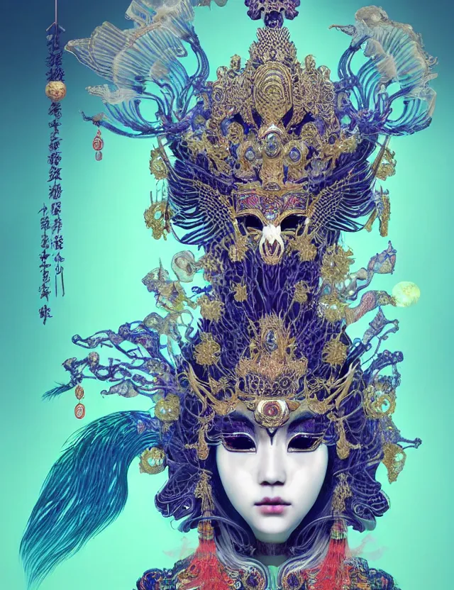 Image similar to goddess portrait with mask and crown made of ram skull. beautiful intricately detailed japanese crow kitsune mask and clasical japanese kimono. betta fish, jellyfish phoenix, bioluminescent, plasma, ice, water, wind, creature, super intricate ornaments artwork by tooth wu and wlop and beeple and greg rutkowski