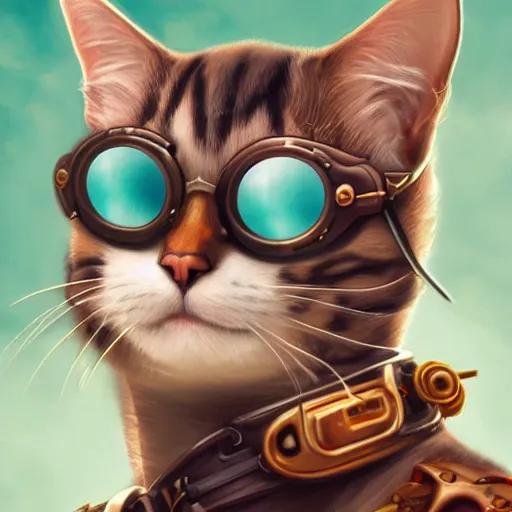 Prompt: a profile picture of a cat with steampunk googles, by ROSS tran, 4k