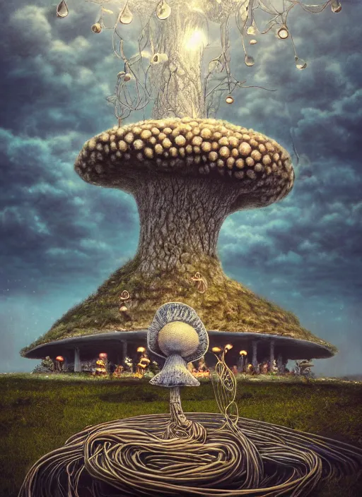 Prompt: wide - angle shot of mushroom temple, cables and tubes, depth of field, zeiss lens, detailed, symmetrical, centered, fashion photoshoot, by nicoletta ceccoli, mark ryden, lostfish, earl nore, hyung tae, frank frazetta, breathtaking, 8 k resolution, extremely detailed, beautiful, establishing shot, artistic, hyperrealistic, octane render