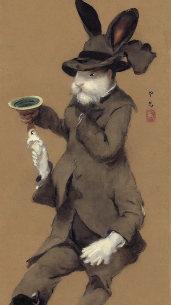 Image similar to a porcelain old rabbit with beard having a japanese kiseru pipe painted by john singer sargent