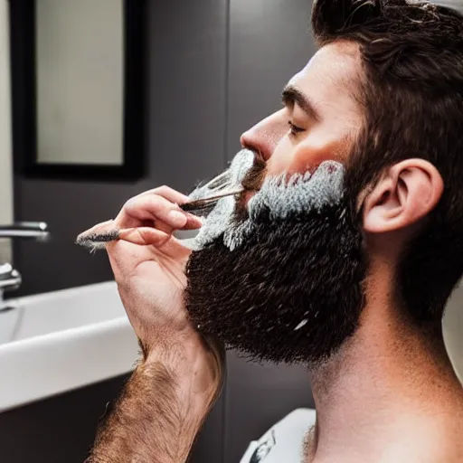 Prompt: man shaving beard into sink, beard hairs laying in the sink