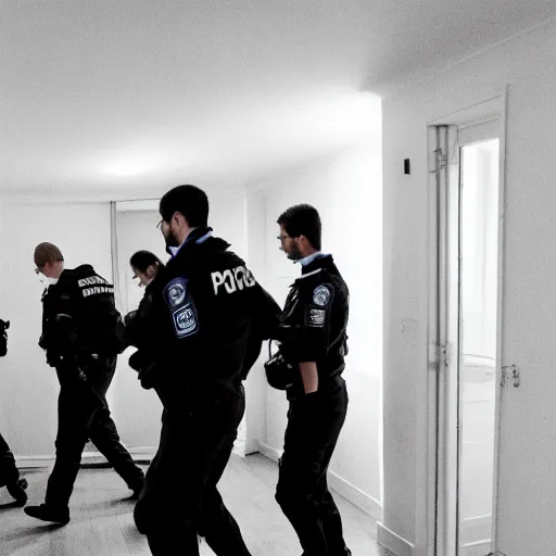 Image similar to a photo of several members of the french scientific police walking in an apartment in the morning