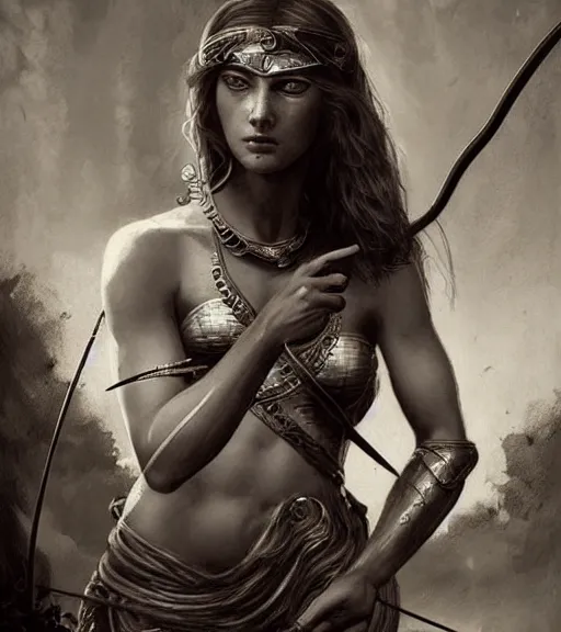 Image similar to beautiful young aphrodite goddess as an archer warrior, realistic face, beautiful eyes, black and white drawing, in the style of greg rutkowski, fantasy, amazing detail, epic, intricate, elegant, smooth, sharp focus