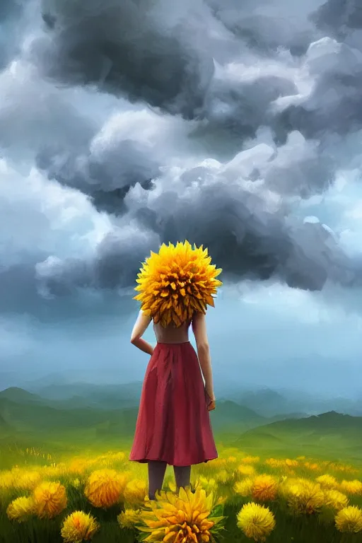 Prompt: closeup girl with large yellow dahlia flower face, standing on mountain, surreal photography, blue storm clouds, dramatic light, impressionist painting, digital painting, artstation, simon stalenhag