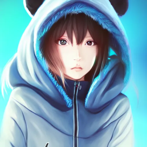 Prompt: advanced anime character art render, beautiful anime girl wearing a whale skin hoodie outfit ,blue watery eyes, close up , Rossdraws, WLOP , Sakimimichan