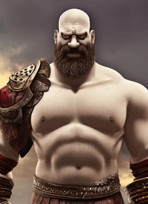 Prompt: painted white Homer Simpson depicted as Kratos God of War, high detailed official artwork