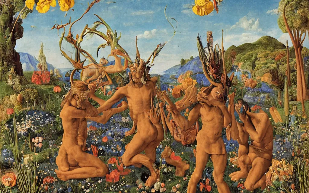 Image similar to a portrait photograph of a meditating satyr and a centaur monk riding a rocket machine and hunting at a river delta. surrounded by bulbous flowers and trees. mountain range under a blue sky of fiery stars. by jan van eyck, max ernst, ernst haeckel, ernst fuchs and artgerm, cgsociety, fashion editorial, 8 k