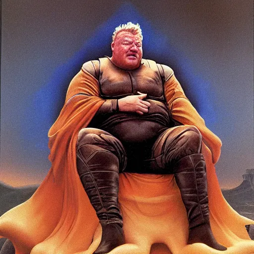 Image similar to ray winstone as baron harkonnen sitting on throne in dystopian science fiction hall in 1982 movie dune, by boris vallejo