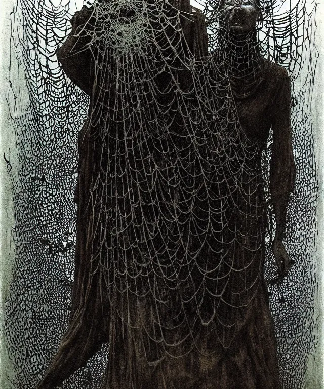 Image similar to a woman standing all covered in spiders. illustration of arachnophobia, fear of spiders, incredible amount of spiders and bugs. extremely high details, realistic, horror, creepy, web, masterpiece, art by zdzislaw beksinski, arthur rackham, dariusz zawadzki