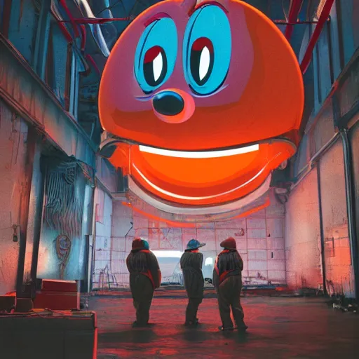 Prompt: a enormous giant mickey mouse head beign drilled by small workers wearing orange coveralls inside of a dark old warehouse, netflix neon in the background, cinematic, art by beeple and wlop, digital art, trending on artstation