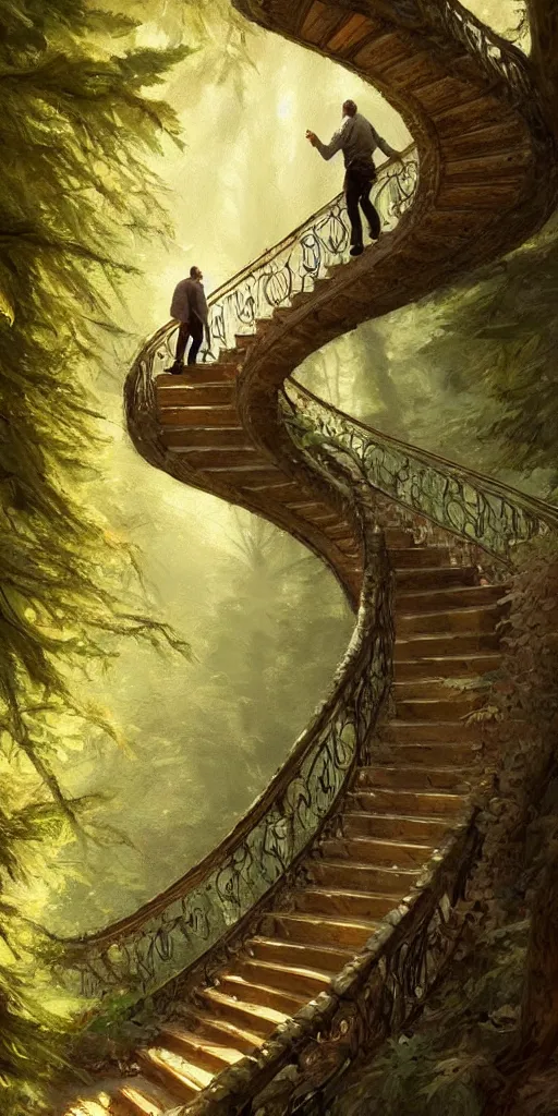 Image similar to a man walking up a steep and winding staircase, in beautiful woods, intricate, elegant, highly detailed, oil painting, artstation, concept art, sharp focus, beautiful illustration, society, by justin gerard and artgerm, 4 k