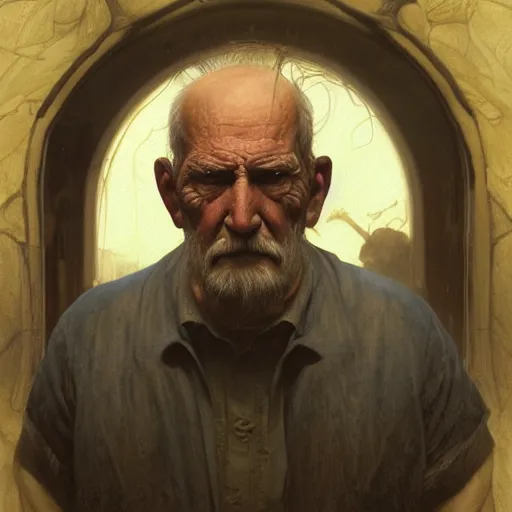 Prompt: portrait painting of an old man in sorrow, staring at the underworld, ultra realistic, concept art, intricate details, eerie, highly detailed, photorealistic, octane render, 8 k, unreal engine. art by artgerm and greg rutkowski and alphonse mucha