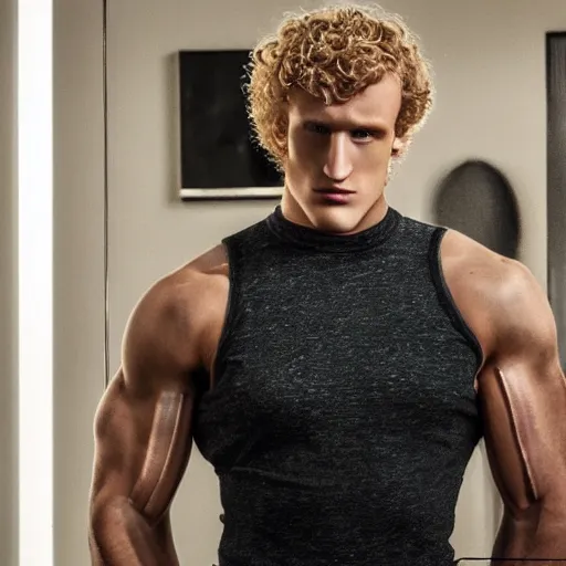 Image similar to a realistic detailed photo of a guy who is an attractive humanoid who is half robot and half humanoid, who is a male android, boxer logan paul, shiny skin, posing like a statue, blank stare, in a living room, on display, showing off his muscles