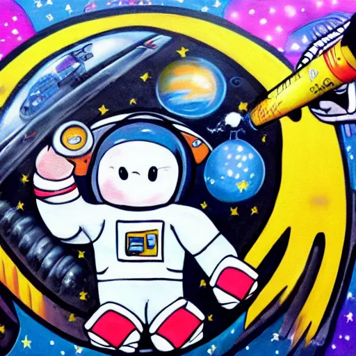 Prompt: baby astronaut doing maintenance, graffiti painting, fantasty art