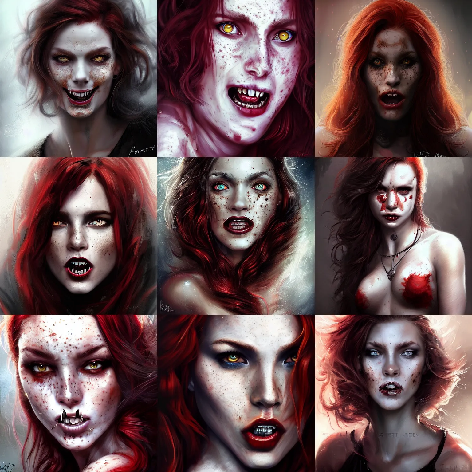 Prompt: portrait young beautiful!!! snarling woman, hypnotic eyes, red hair, freckles, large teeth ( ( fangs ) ), ( ( ( ( werewolf ) ) ) ) digital painting, lots of details, extremely detailed, 4 k, intricate, brush strokes, mark arian, artgerm, bastien lecouffe - deharme