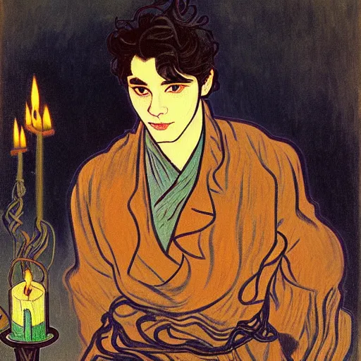 Image similar to painting of young cute handsome beautiful dark medium wavy hair man in his 2 0 s named shadow taehyung and cute handsome beautiful min - jun together at the halloween party, bubbling cauldron, candles, smoke, tarot, autumn colors, elegant, stylized, soft facial features, delicate facial features, art by alphonse mucha, vincent van gogh, egon schiele