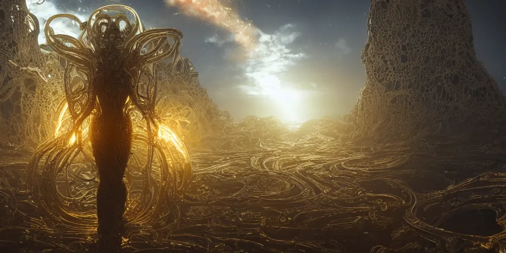 Prompt: a photo of 8k ultra realistic corrupted lovecraftian golden humanoid queen standing next to a spaceship window overlooking earth with the sky on fire, 8 intricate white and gold tentacles, ornate white and gold armour, cinematic lighting, trending on artstation, 4k, hyperrealistic, focused, high details, unreal engine 5, cinematic, masterpiece