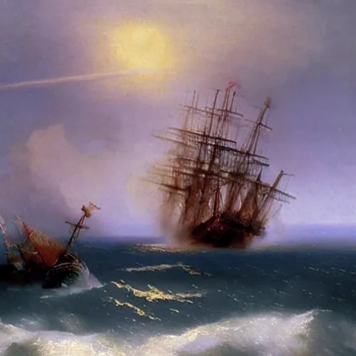 Prompt: kraken destroying a large galleon in the ocean, dieselpunk, painting by aivazovsky