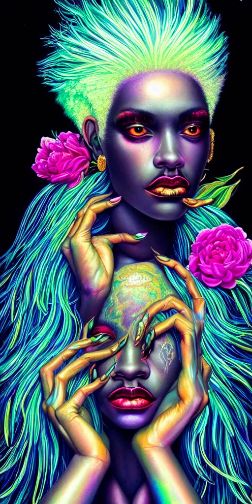 Image similar to hyperrealistic close-up of beautiful black woman with white hair and iridescent gold skin hannah yata dramatic neon lighting