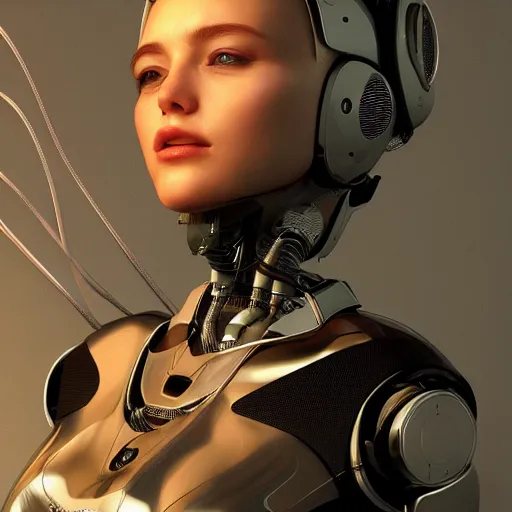 Image similar to a beautiful woman wearing robot suit with wires and light, highly detailed, photorealistic, artstation, smooth